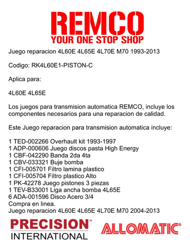 Kit Reparacion Transmision 4l60e 9-7x 2005-06 6.6l Foto 2