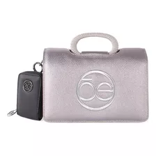 Bolsa Briefcase Cloe Look Metálico Con Monedero Color Inox
