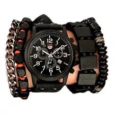 Conjunto Reloj Económico 4 Pulseras Cuarzo Correa Tipo Cuero