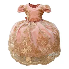 Vestido Infantil Rosé Renda E Tule C/ Brilho Luxo Princesas