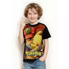 Camisa, Camiseta Criança 5%off Anime Pokémon Ash E Pikachu