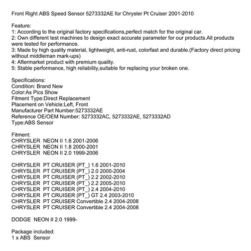 Sensor Abs Delantero Derecho Para Chrysler Pt Cruiser 2001-2 Foto 8