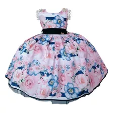 Vestido Infantil Floral Rosa E Azul Marinho Pérolas Strass