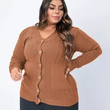 Casaco Manga Longa De Tricô Senhora Blusa Botão Plussize 