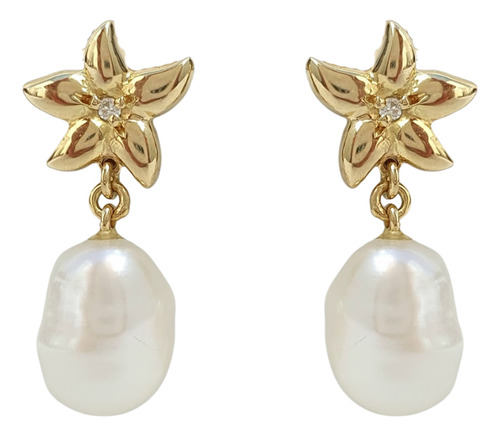 Brinco Hstern Pêndulo Flor Com Pérola E Diamantes Ouro 18k Amarelo