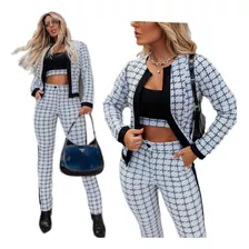 Conjunto Feminino Terninho Calça Cropped E Blazer Estampado