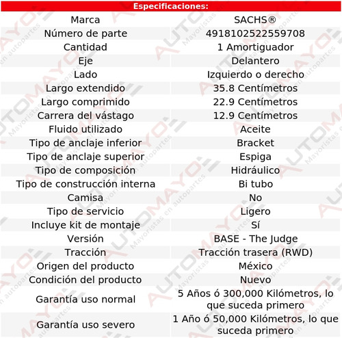 1 - Amortiguador Hid Del Izq/der Sachs Gto V8 7.5l 70-73 Foto 2