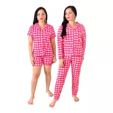 Kit 2 Pijamas Feminino Adulto Americano Curto Longo Malha