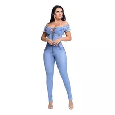 Macacão Ciganinha Longo Jeans Feminino Moda Fashion Larrisa