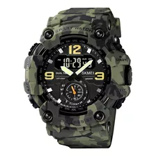 Relógio De Pulso Skmei 1637 Com Corpo Camuflado Verde, Analógico-digital, Para Masculino, Fundo Preto, Com Correia De Poliuretano Cor Camuflado Verde, Agulhas Cor Verde, Preto E Branco, Subdials De 