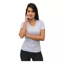 Camiseta Básica Feminina Branca Gola V Canelada Bu11