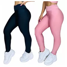 Kit 2 Calca Leg Suplex Feminina Lisa Cos Alto Moda Fitness