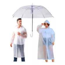 Kit Capa De Chuva + Guarda Chuva. Transparente. Adulto. 