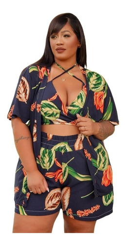 Kimono Plus Size Conjunto 3 Peças Moda  Blogueira Verão Chic