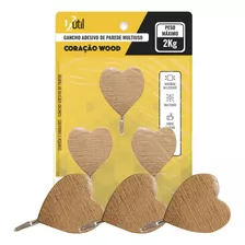 Kit 3 Un-gancho Adesivo De Parede Multiuso Coracao Wood 3pc