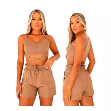 Conjunto Feminino Gringa Cropped Alcinha Shorts Moletinho