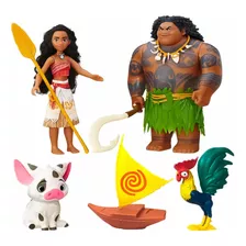 Boneca Princesa Moana Pua Maui Heihei 4 Personagens + Barco