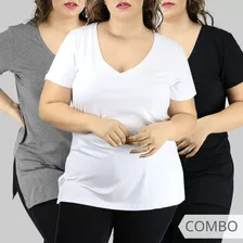 Kit 3 Blusas Plus Size Algodão Confortável Modinha Lisa 