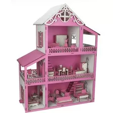 Casa Casinha De Boneca Mdf C/ Móveis Montada Rosa 