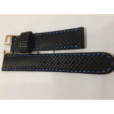 Malla Para Reloj Cuero Negro Costura Azul 18mm Nau190