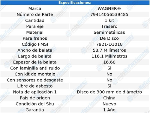 Jgo De Balatas Semimetalicas Tra Wagner Rs6 4.2l 03 Al 04 Foto 2