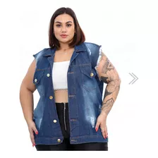 Colete Jeans Feminino Plus Size Destroyed Com Barra - Escuro