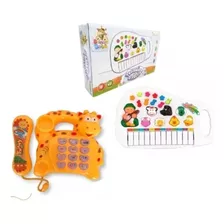 Kit Piano Infantil Tecladosons Bichoanimal +telefonegirarafa Cor Branco E Amarelo Pilhas