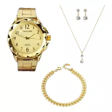 Relógio Pallyjane Feminino + Colar Brinco +pulseira Folheada