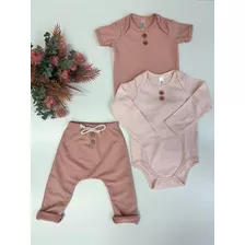 Kit Roupa De Bebe 3 Peças Body Manga Longa E Mijão Algodão