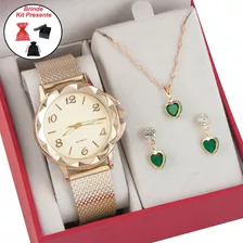 Relógio Feminino+ Colar Pingente Brincos Folheado A Ouro 18k