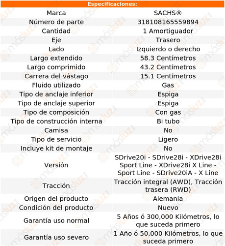 1- Amortiguador Gas Trasero Izq/der X1 L4 2.0l 12/15 Sachs Foto 2