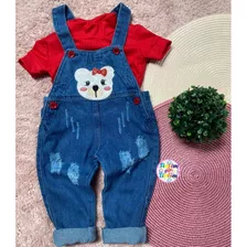 Salopete Jardineira Jeans Bebê Vestido Menina Bolos Fofos 