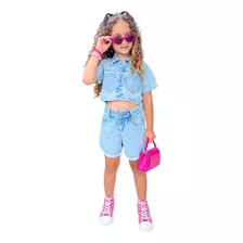 Conjunto Infantil Jeans Short Bolso Coração Estiloso Modinha