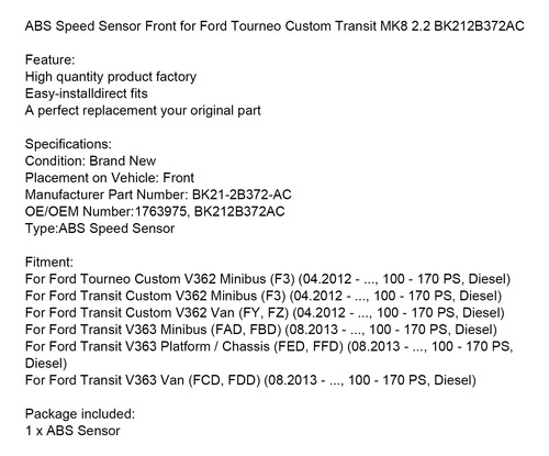 Sensor Abs Delantero Para Ford Tourneo Custom Transit Mk8 2. Foto 10