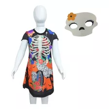 Fantasia Caveira Mexicana Vestido Infantil + Máscara Brinde 