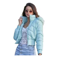 Jaqueta Feminina Puffer Cropped Com Capuz De Pelinho Casaco