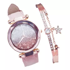 Conjunro Reloj Rosado Mas Manilla Metal Minimalistas Quartz