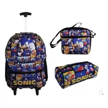 Kit Sonic Mochila Rodinhas Lancheira Estojo Escolar Menino