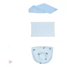Kit Travesseiro Anti Refluxo + Anti Sufocamento + Anatômico Cor Azul