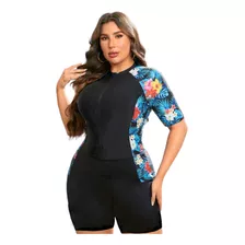 Traje De Baño Gorditas Talla Extra Negro Short Largo Manga