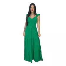 Vestido Longo Luxo Feminina Franzido Com Babada Na Mangas 