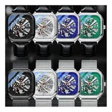 Reloj Impermeable De Cuero Mecánico De Lujo Chenxi Color De La Correa Negro/plateado/azul