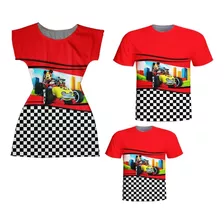 Vestido Mãe E Blusas Pai E Filho - Mickey Sobre Rodas Red