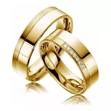 Par Alianças Reta Quadrada 7mm Brilhantes Ouro 18k Casamento