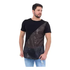 Camiseta Masculina Longline Paetê Camisa Transparente