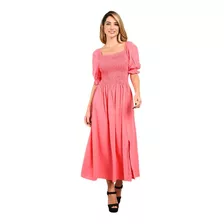 Vestido Longo Feminino Manga Curto Elastex Com Fenda