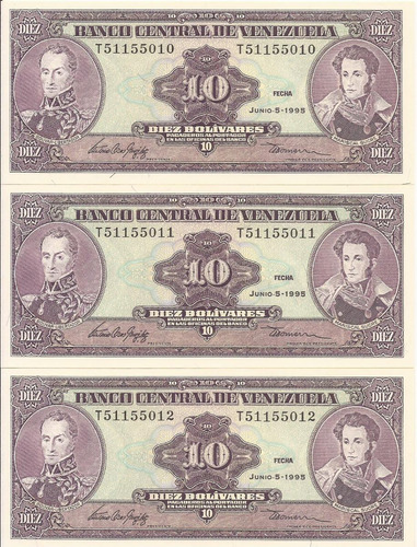 3 Billetes Consecutivos 10 Bolívares 5-6-95 S/t51155010-12 