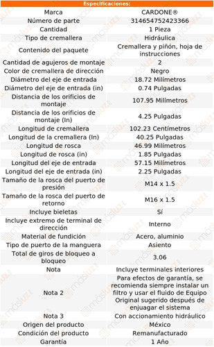 (1) Cremallera Direccin Hidrulica Honda Accord 94 Reman Foto 5