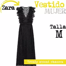 Zara Vestido Midi Plisado Encaje Negro. La Segunda Bazar