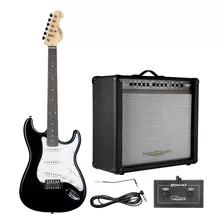 Guitarra Stratocaster + Cubo Amplificador E Pedal Footswitch Cor Preto Orientação Da Mão Destro